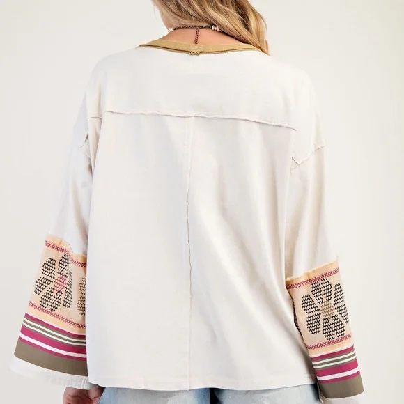 Easel MINERAL WASHED COTTON JERSEY PULLOVER -WIDE LONG STRIPE FLOWER SLEEVES - Picture 2 of 2